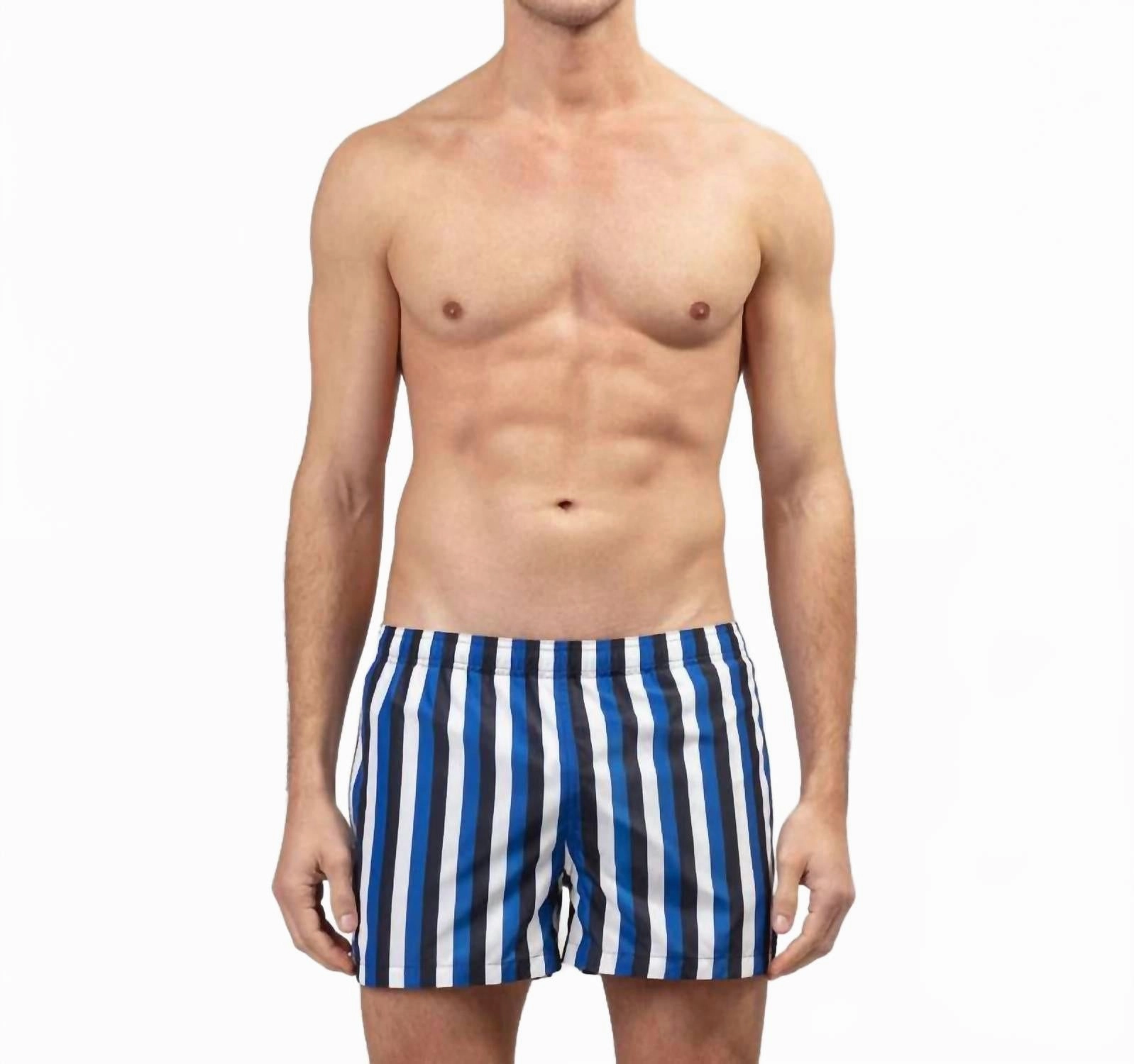 Tricolor Stripe Swim Shorts In Greek Blue / Navy / White