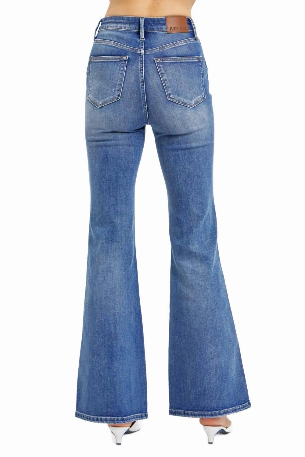 Tummy Control Contrast Wash Flare Jeans In Medium Wash