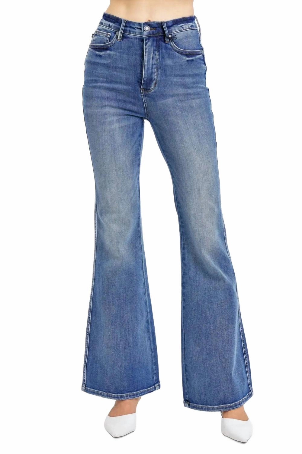 Tummy Control Contrast Wash Flare Jeans In Medium Wash