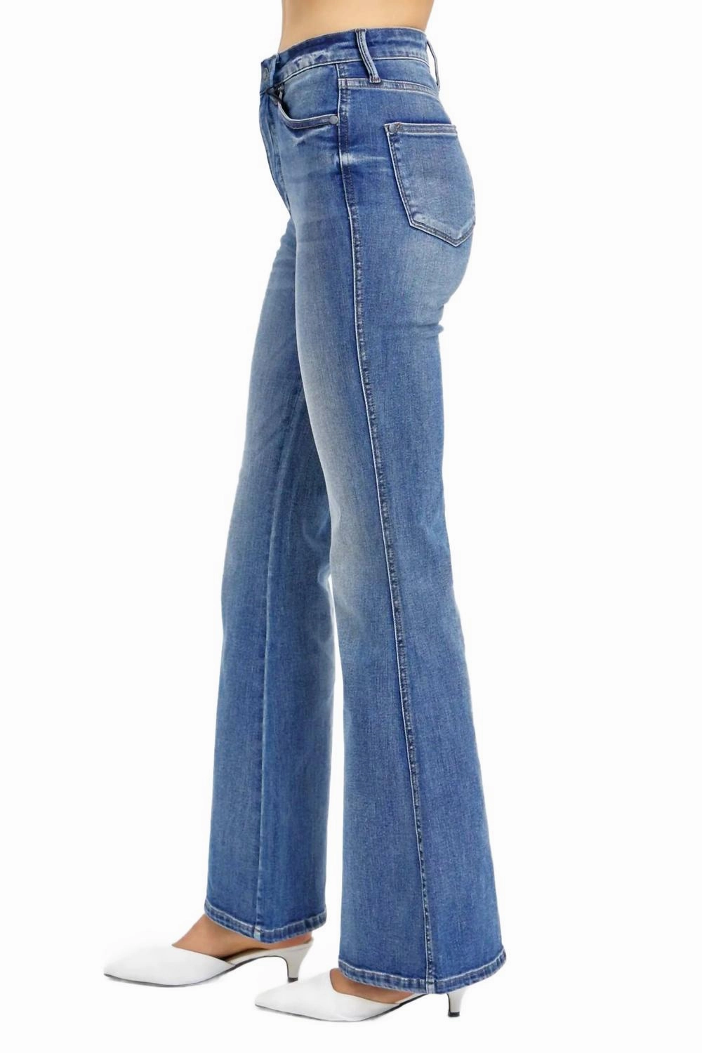 Tummy Control Contrast Wash Flare Jeans In Medium Wash