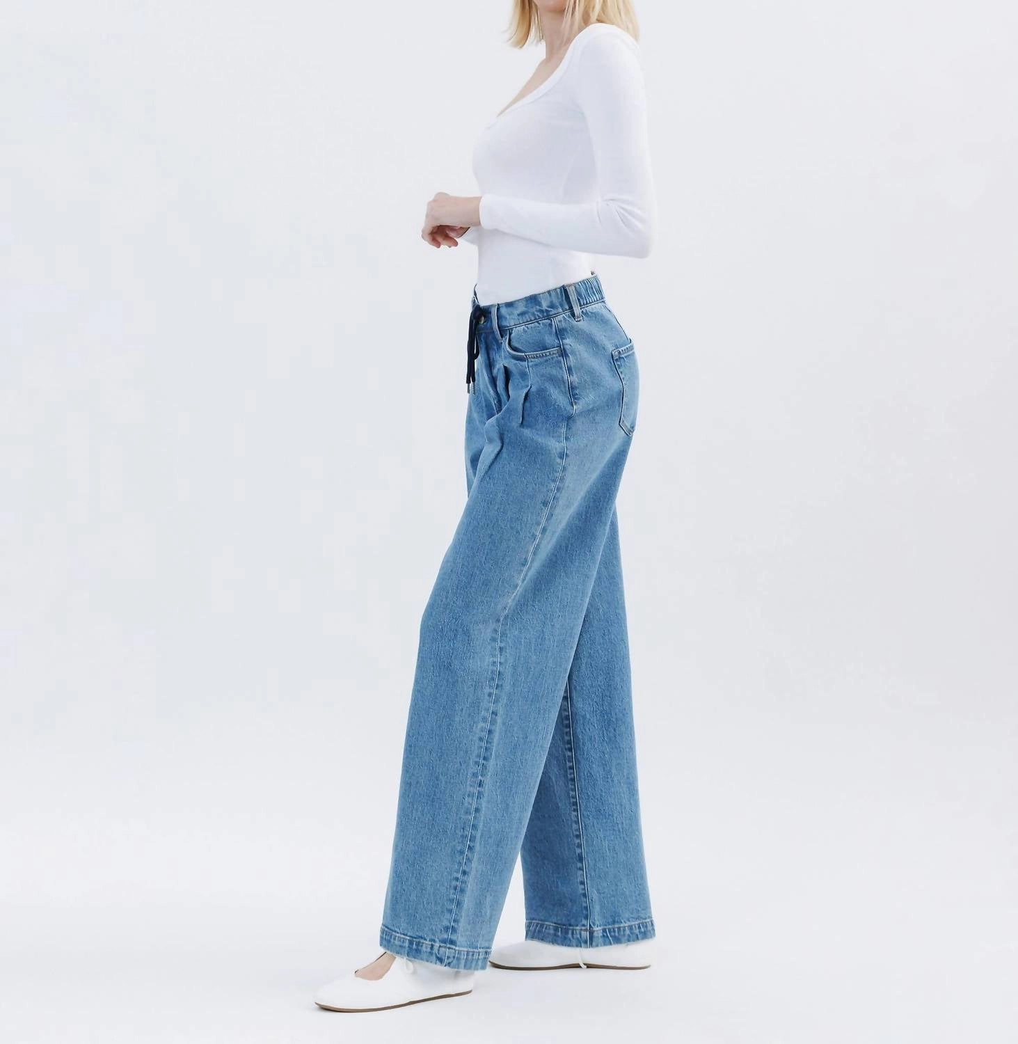 Unabashed - Super High Rise Pleated Drawstring Wide Leg Jeans In Medium