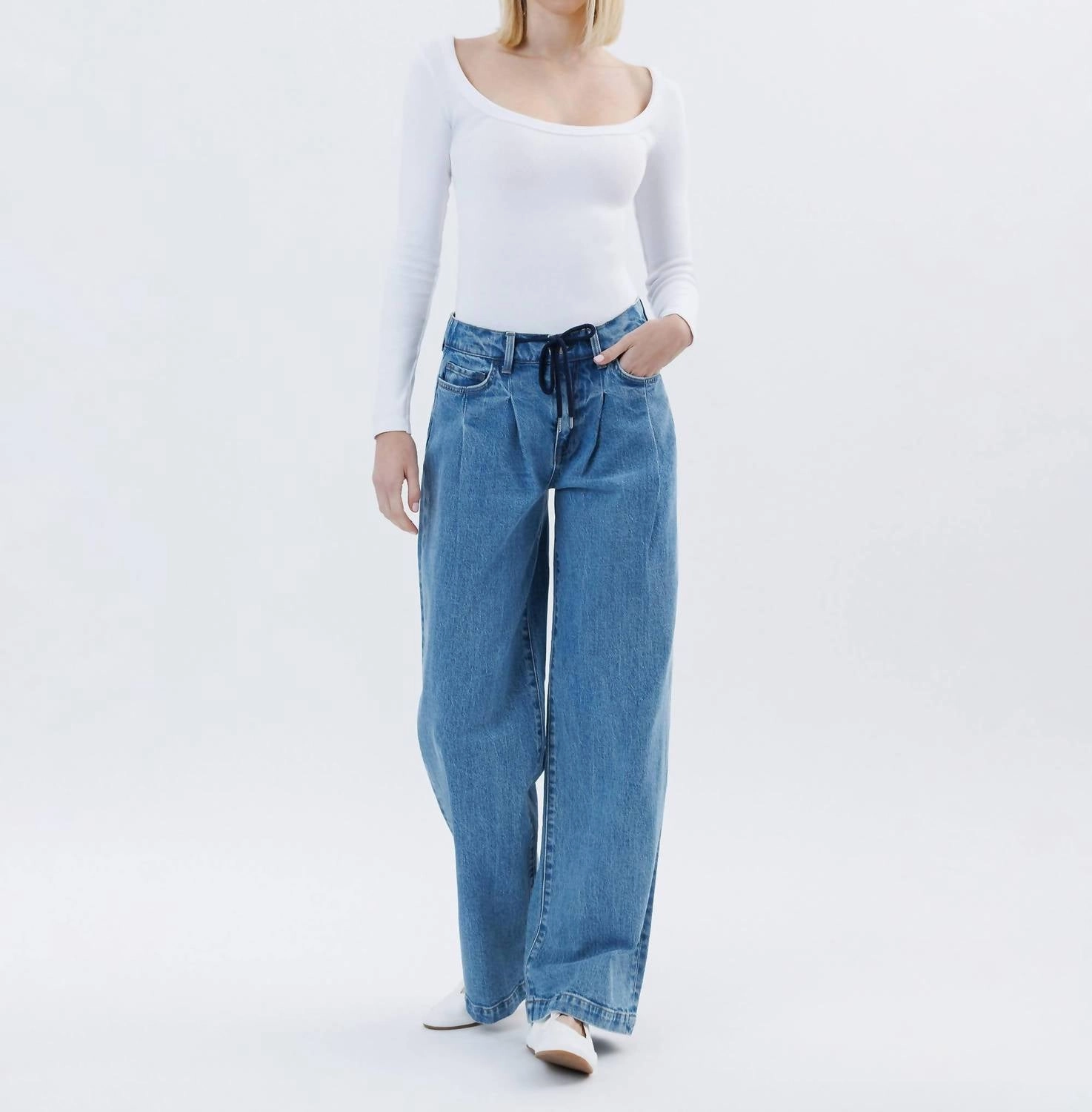 Unabashed - Super High Rise Pleated Drawstring Wide Leg Jeans In Medium