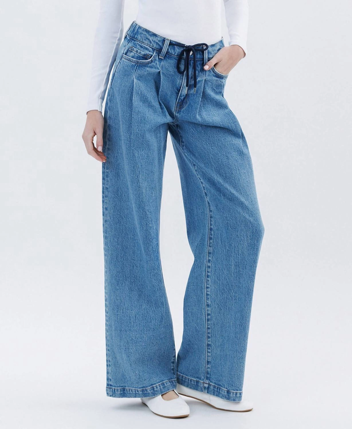 Unabashed - Super High Rise Pleated Drawstring Wide Leg Jeans In Medium
