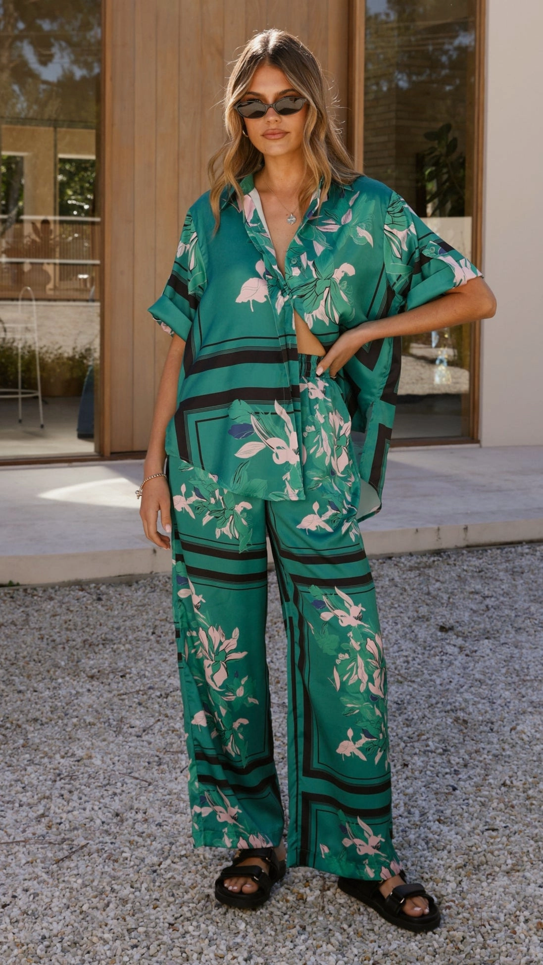 Vallerie Button Up Shirt - Green/Pink Print