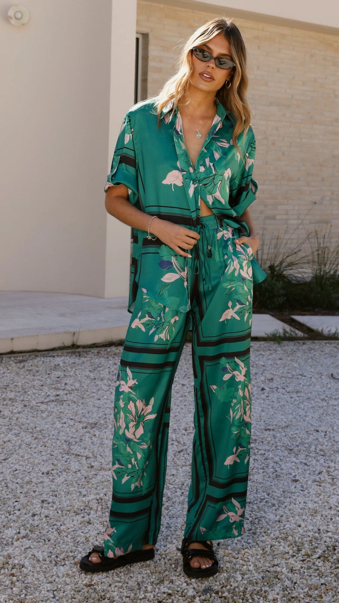 Vallerie Button Up Shirt - Green/Pink Print