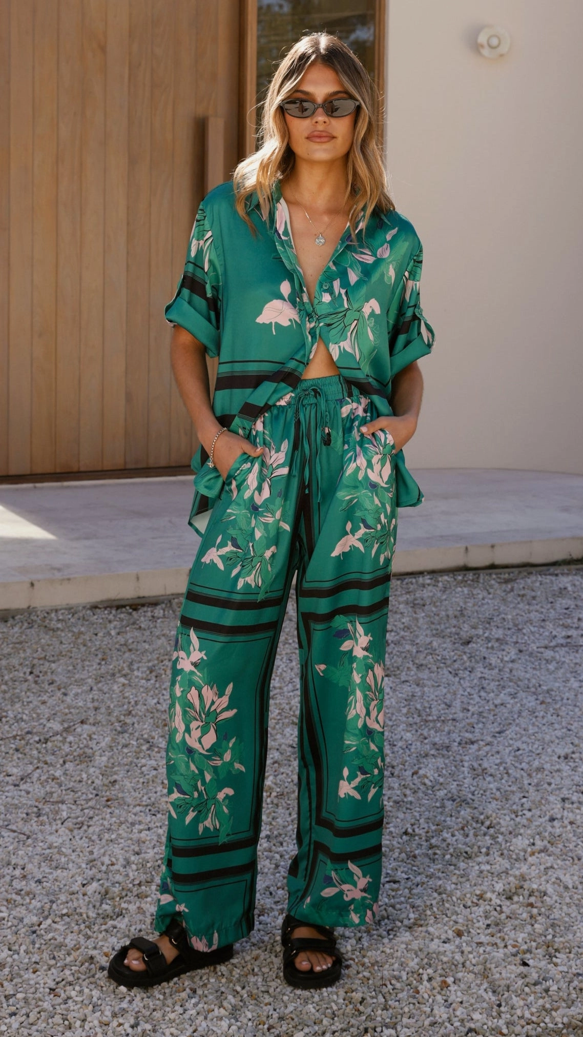 Vallerie Button Up Shirt - Green/Pink Print