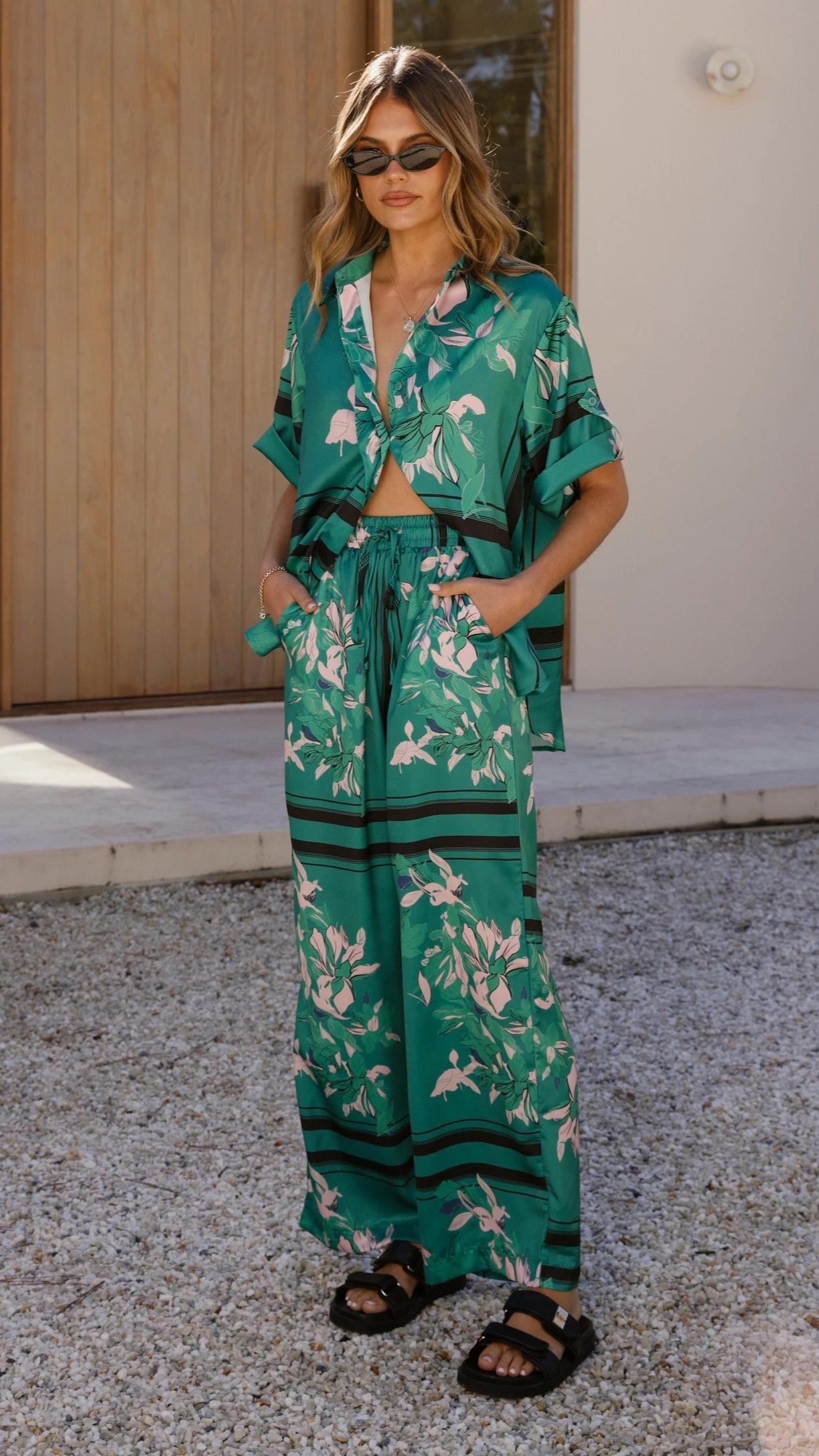 Vallerie Button Up Shirt - Green/Pink Print