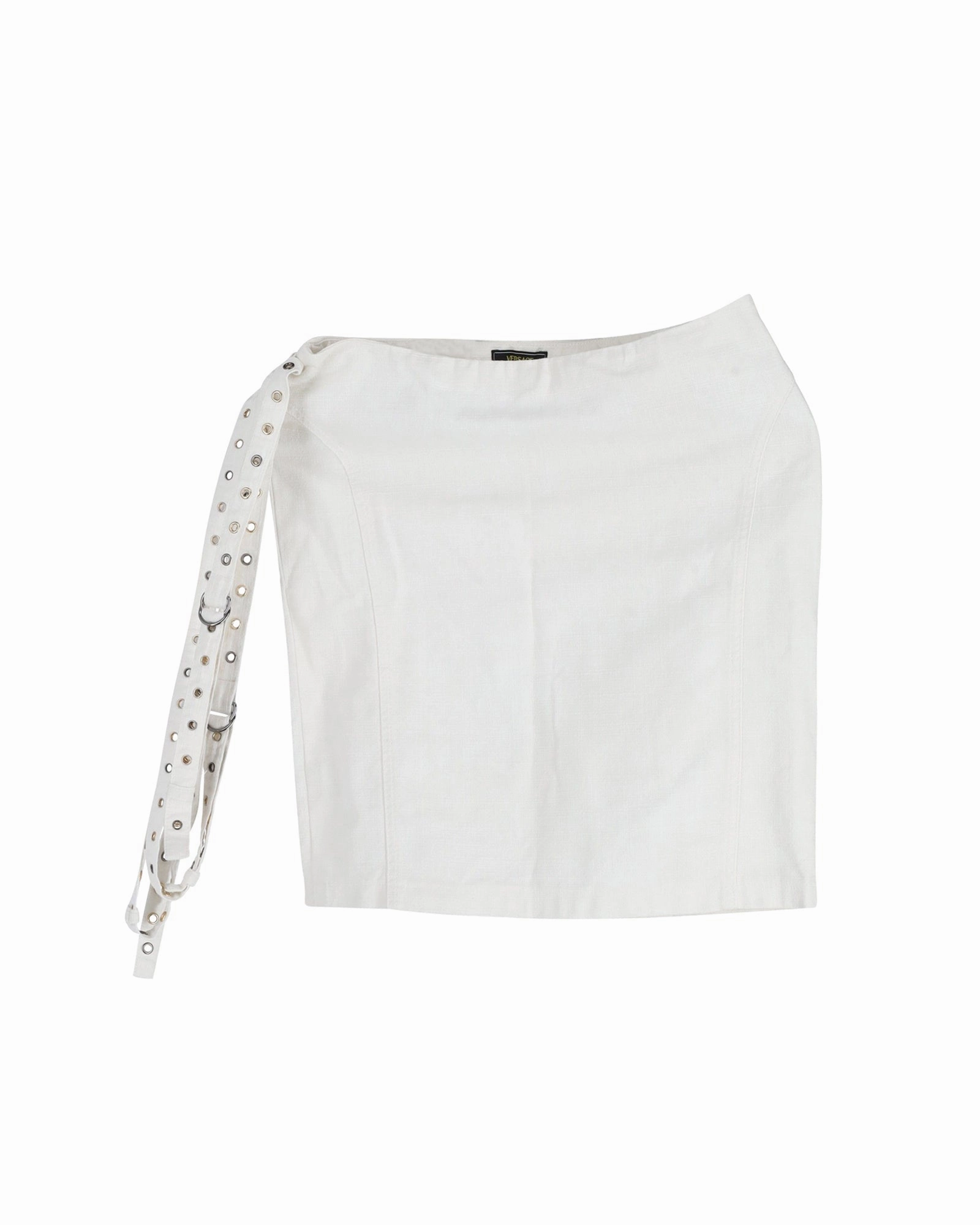 Versace Eyelet Detail Belted Mini Skirt in Ecru Cotton
