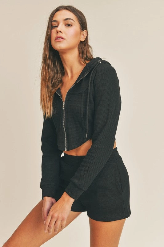 Waffle Hooded Crop Jacket & Shorts Two Piece Set - Small
