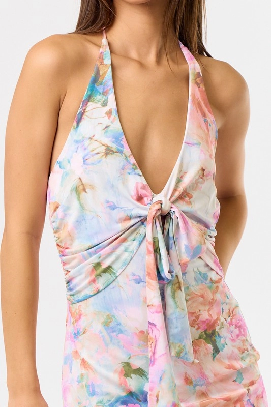 Watercolor Dreams Halter Front Tie Mini Dress