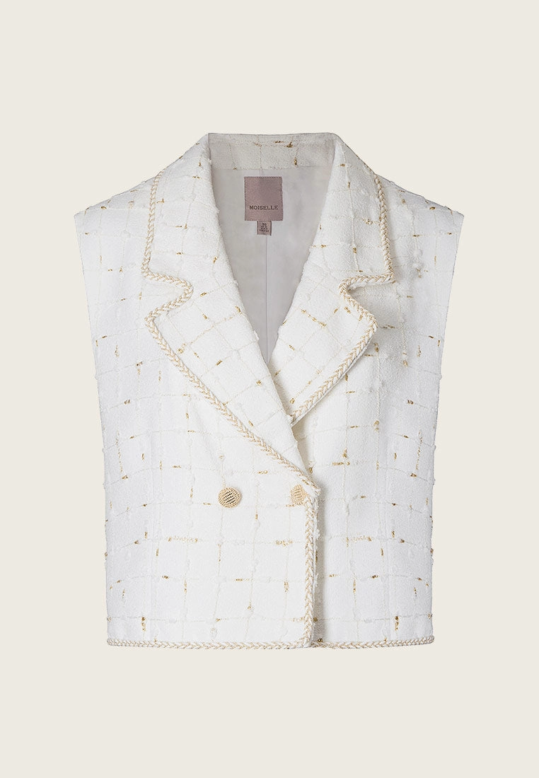 White and Gold Sleeveless Lapel Crop Vest