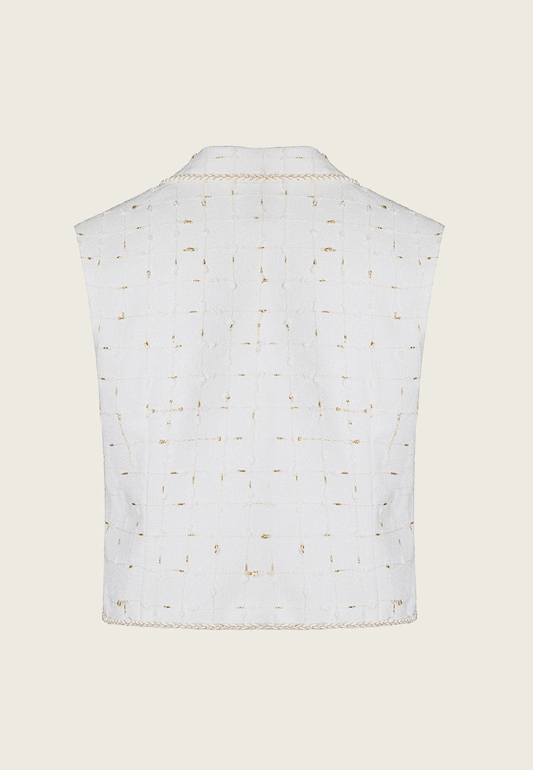 White and Gold Sleeveless Lapel Crop Vest