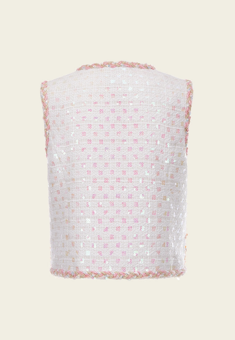 White Beaded Sequin Tweed Vest