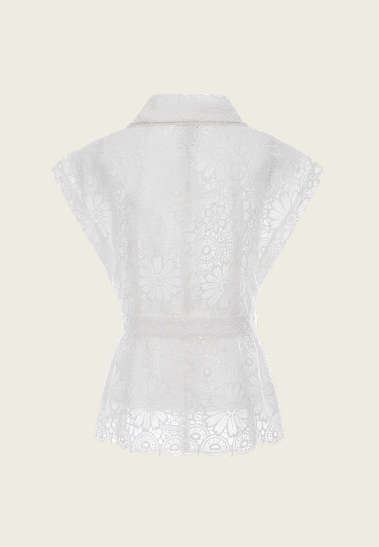 White Lace Cap Sleeves Tie-waist Vest