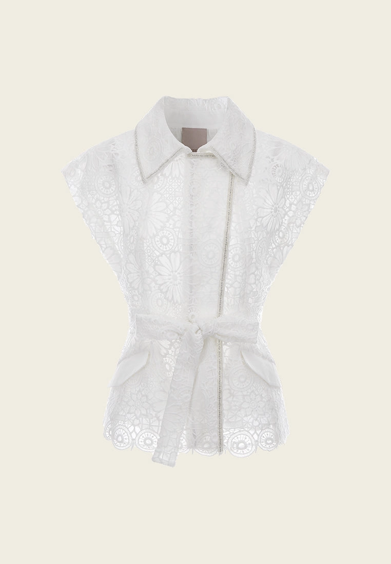 White Lace Cap Sleeves Tie-waist Vest
