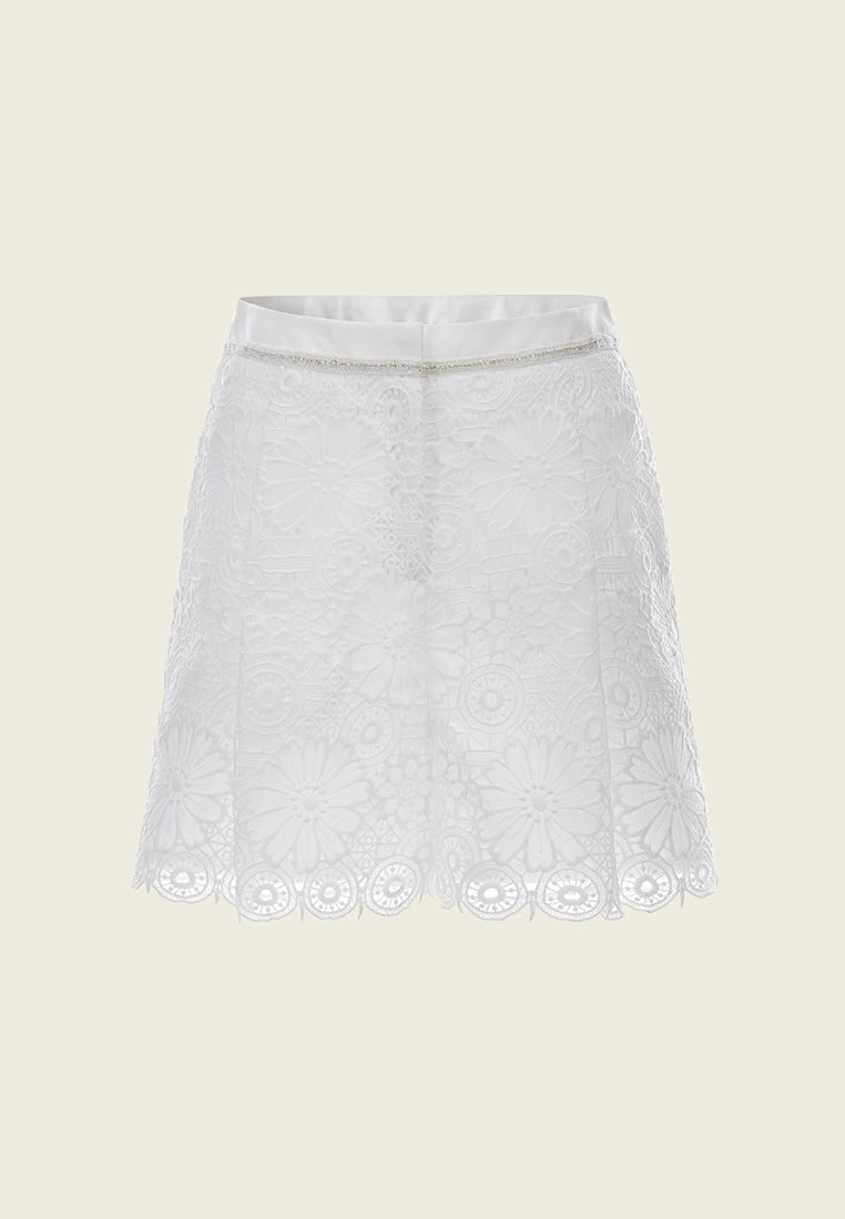 White Lace Pleated Shorts