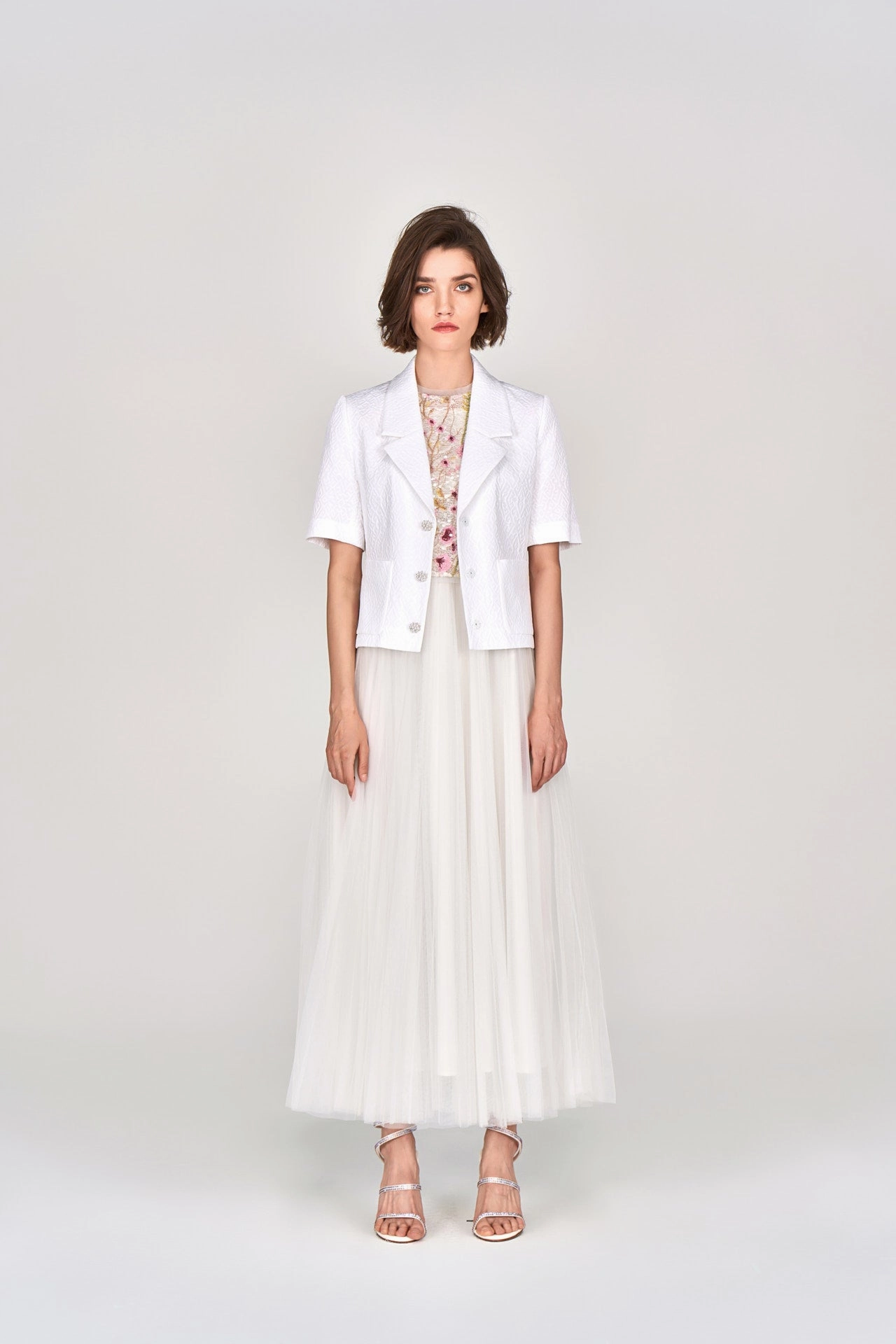 White Lapel Jacquard Cropped Jacket