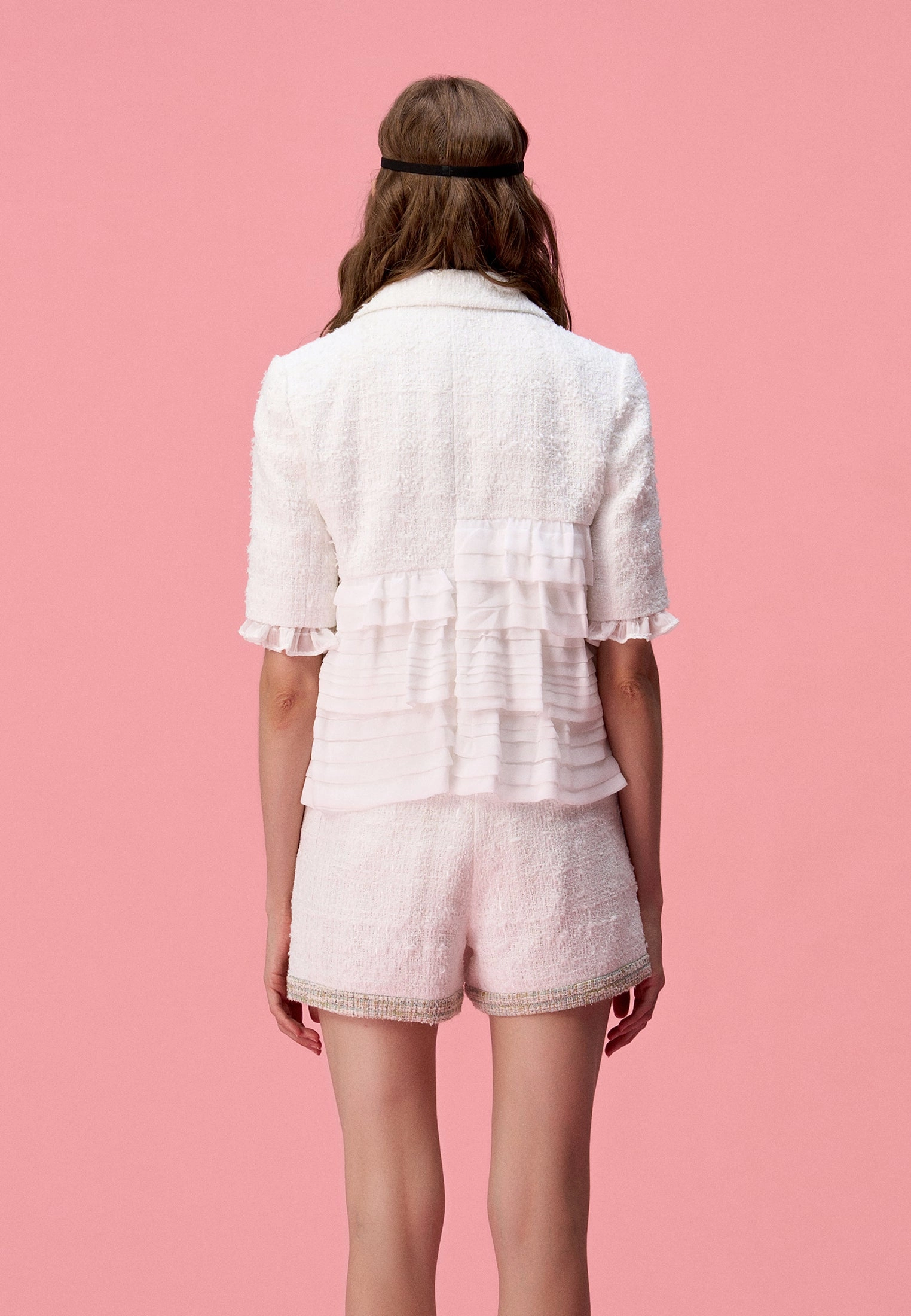 White Patchwork Rhinestone Embellished Tweed Chiffon Jacket