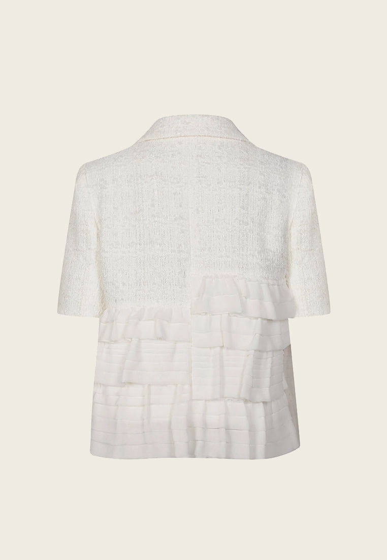 White Patchwork Rhinestone Embellished Tweed Chiffon Jacket