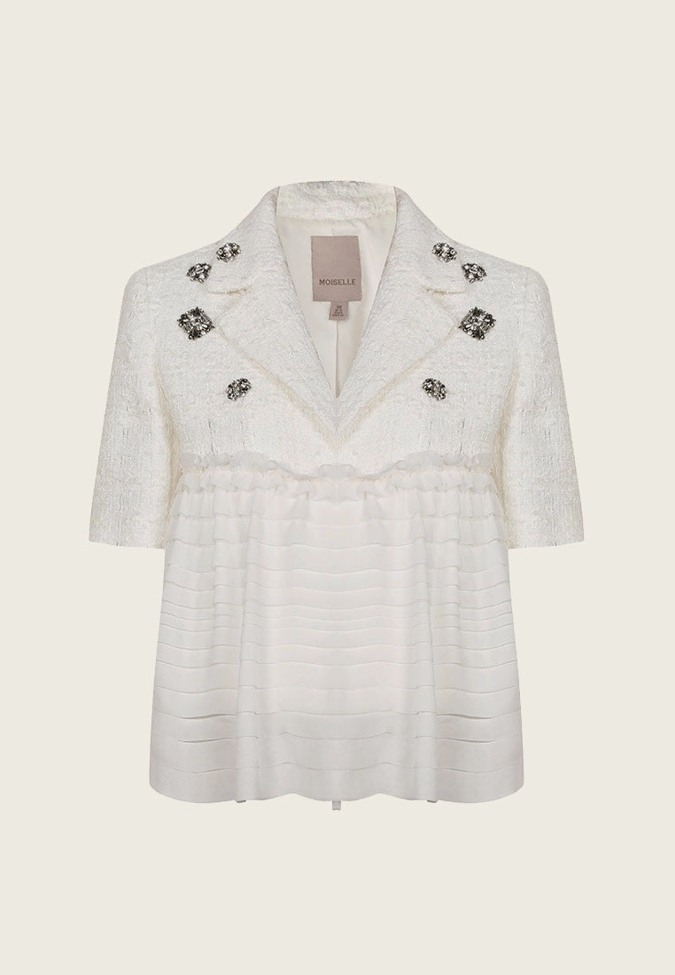 White Patchwork Rhinestone Embellished Tweed Chiffon Jacket