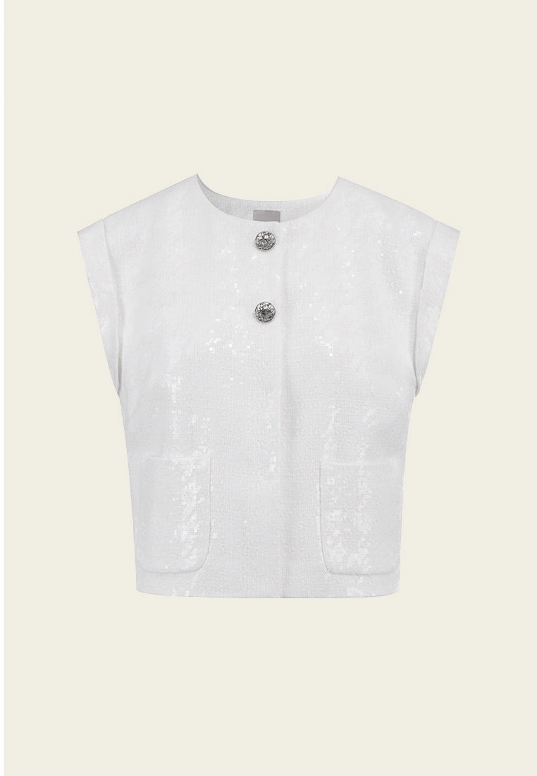 White Sequins Cap-sleeved Tweed Vest