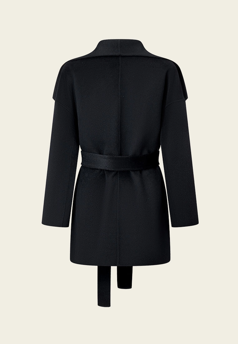Wide Lapel Wrap-knotted Patch-pocket Cropped Coat