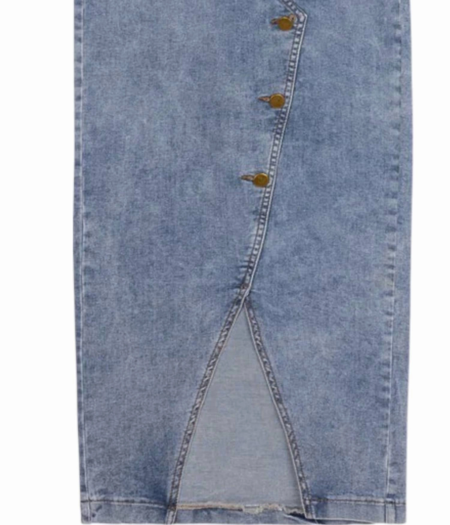 Women's Button Front Stretch Denim Midi Skirt In Dark Blue Denim