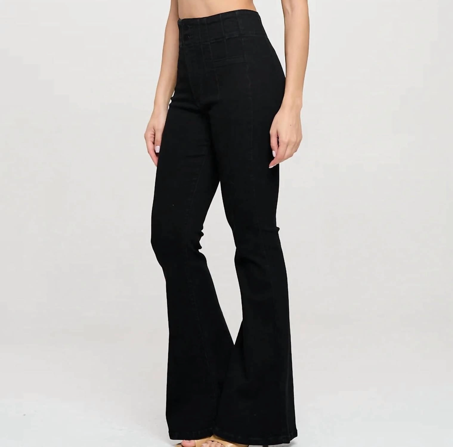 Women's High Waist Two Buttons Flare Jeans In Black