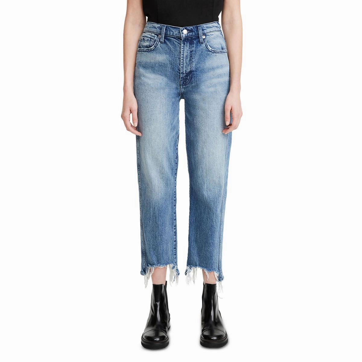 Womens Destroyed Denim Straight Crop Jeans