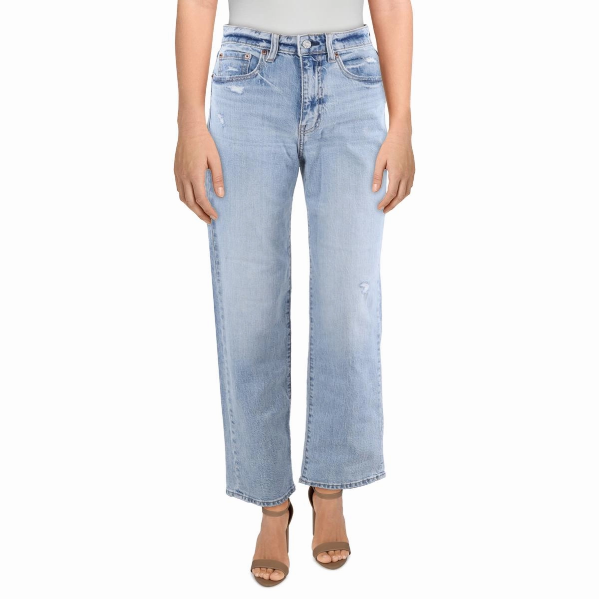 Womens Distressed Denim Straight Leg Jeans