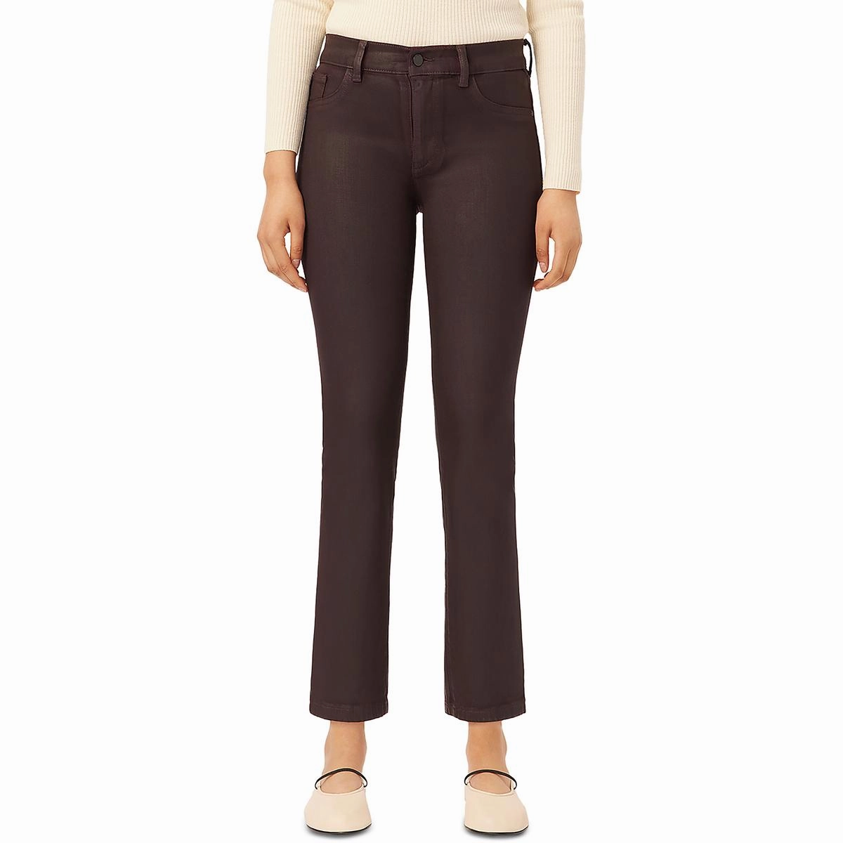 Womens Mid-Rise Coated Straight Leg Jeans