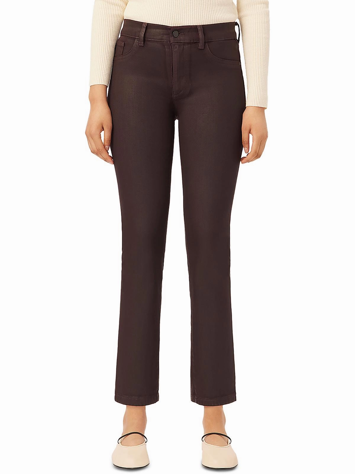 Womens Mid-Rise Coated Straight Leg Jeans