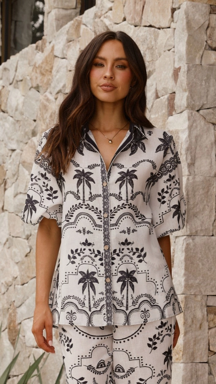 Xander 3/4 Sleeve Button Down Shirt - Black/White