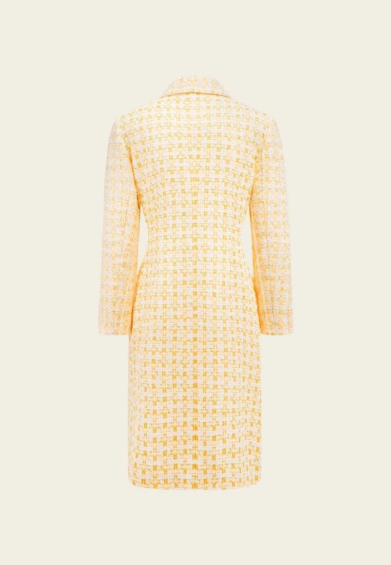 Yellow Plaid Tweed Lapel Long Coat
