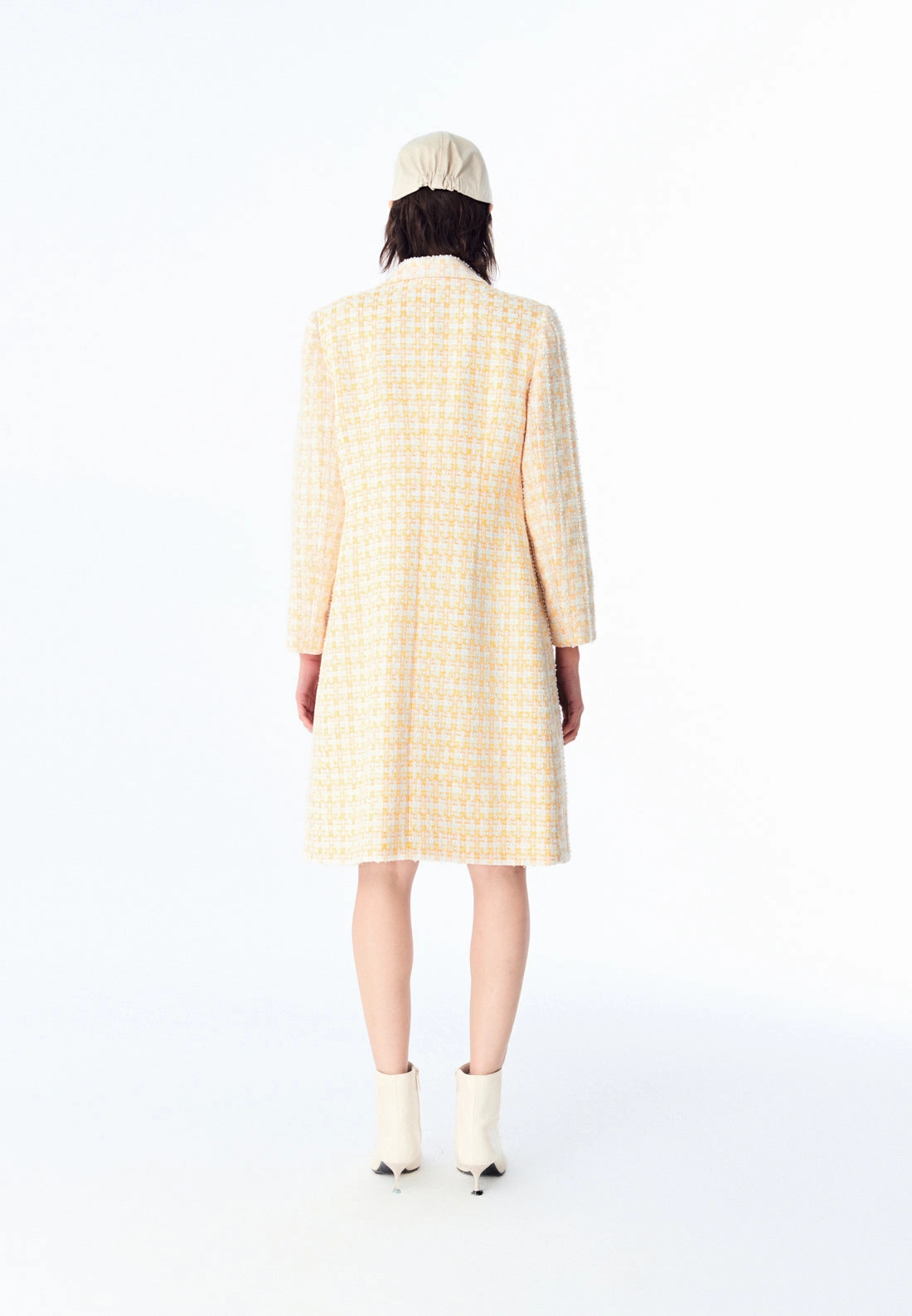 Yellow Plaid Tweed Lapel Long Coat