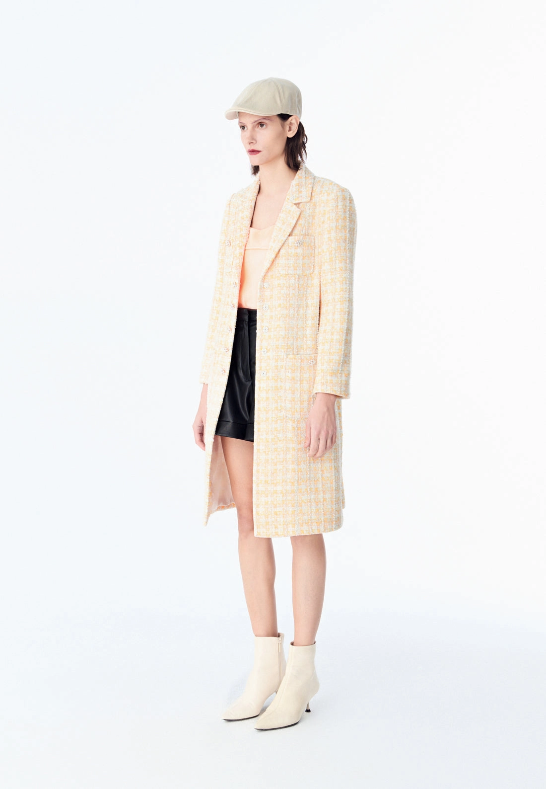 Yellow Plaid Tweed Lapel Long Coat