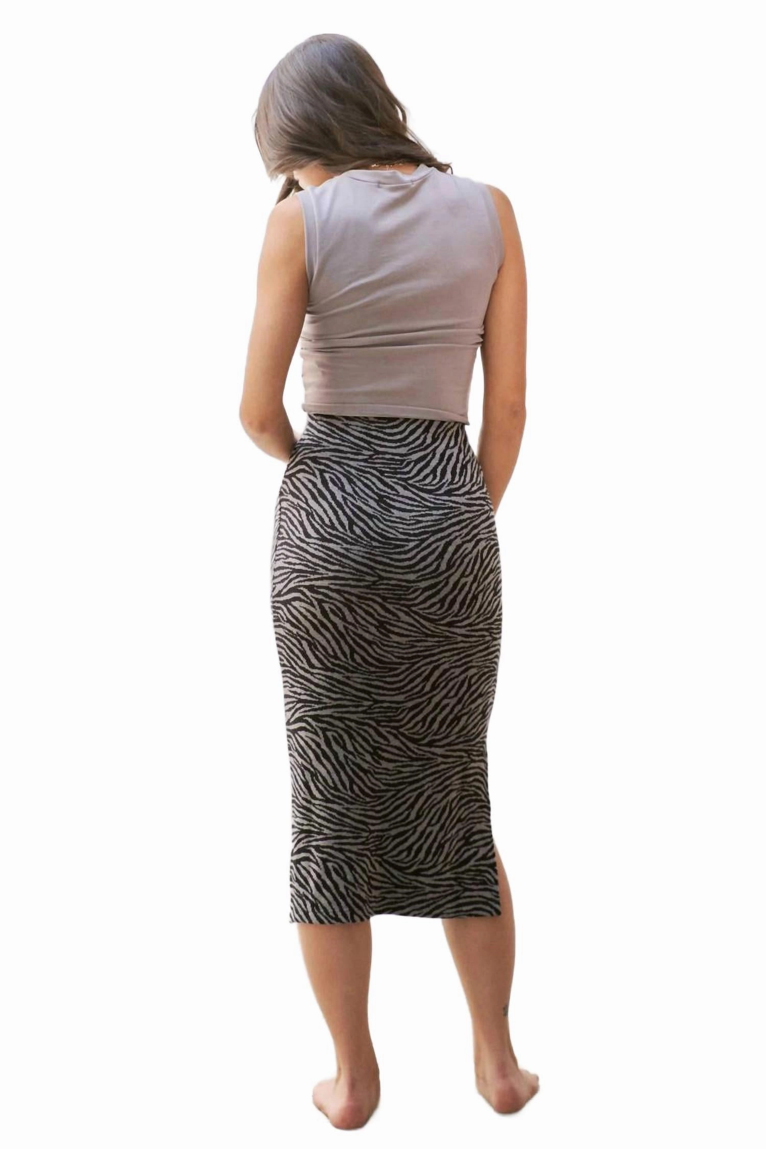 Zebra Print Side Slit Midi Skirt In Charcoal