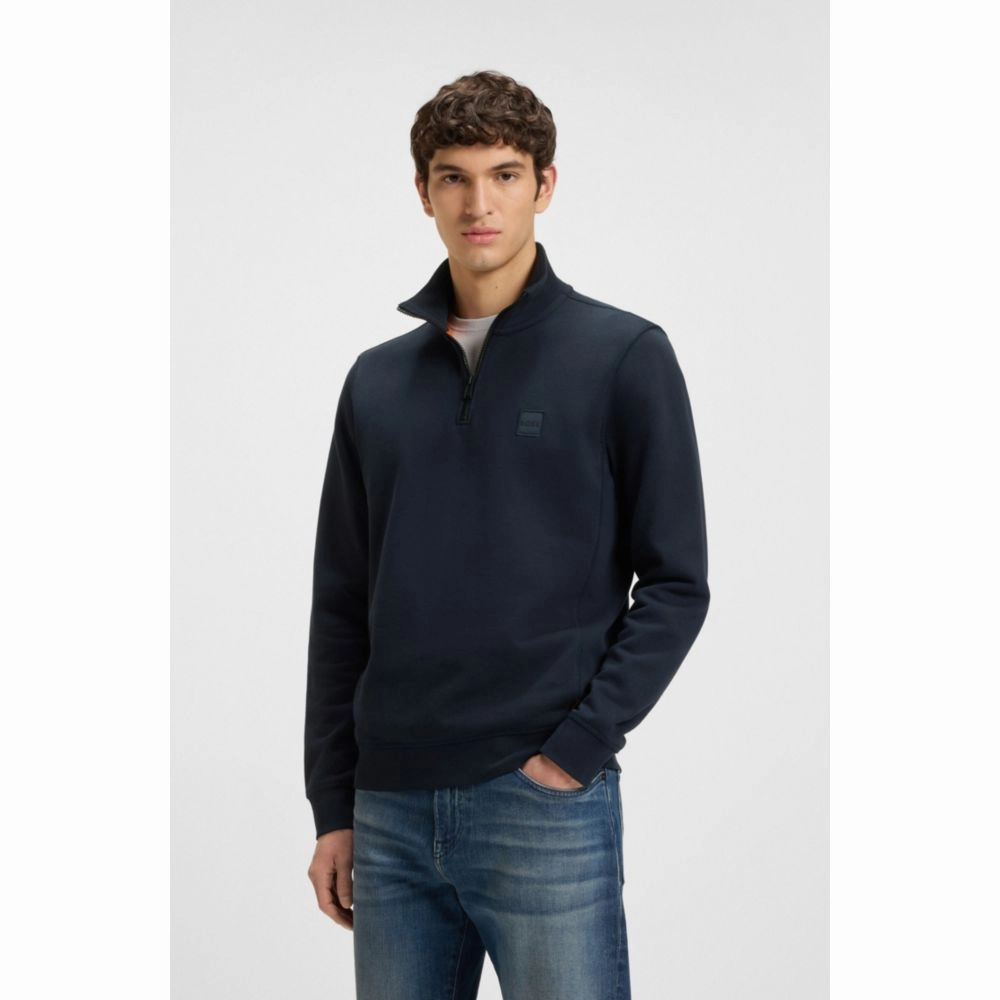 Zip-neck sweatshirt in cotton terry with logo patch