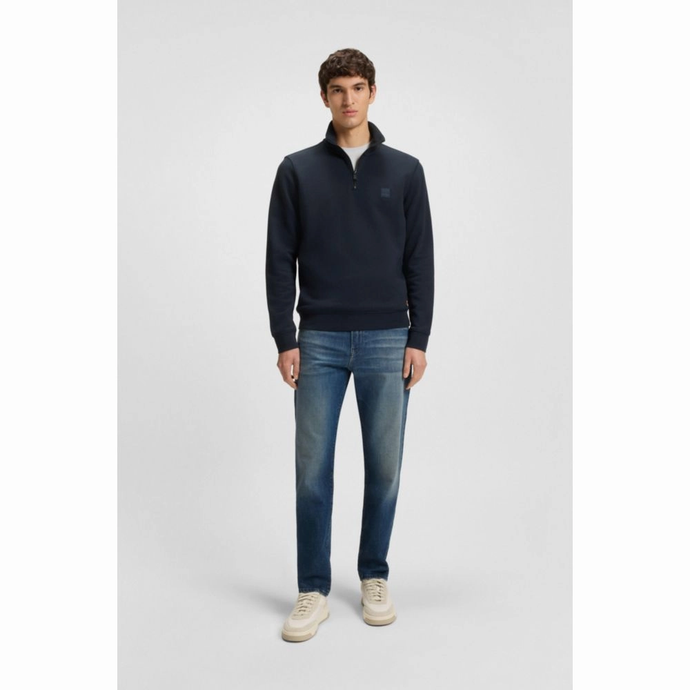 Zip-neck sweatshirt in cotton terry with logo patch