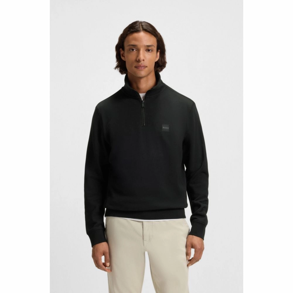 Zip-neck sweatshirt in cotton terry with logo patch